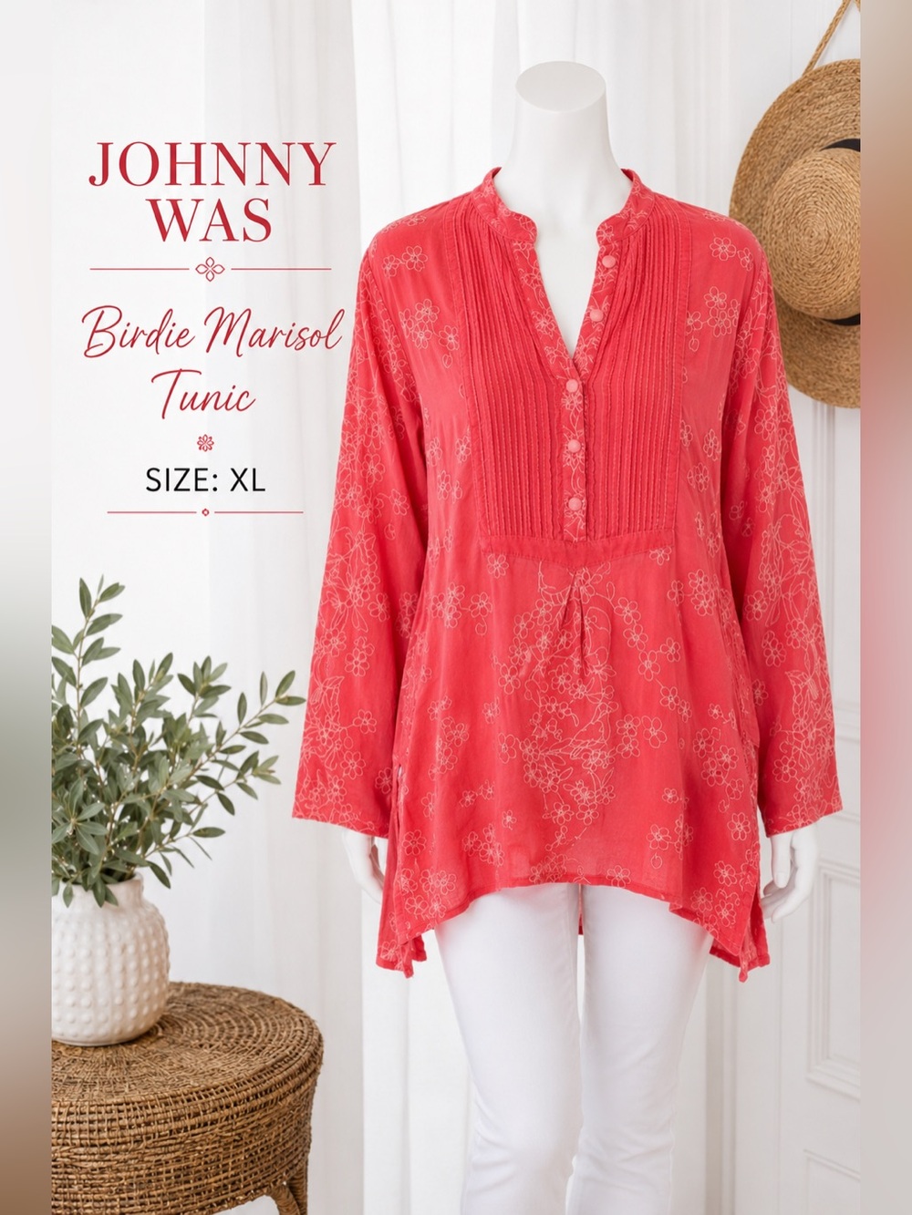 Johnny Was Birdie Marisol Tunic XL NWT Coral Floral Embroidered Top